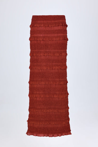 Ruffled Mid-Rise Maxi Skirt in Burnt Red